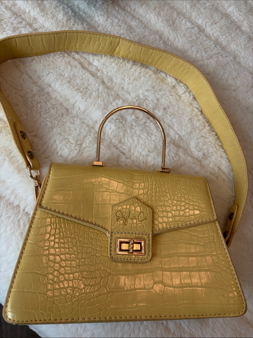 SHY DIVA & CO. Croc-Embossed Mini Top Handle Bag in Yellow